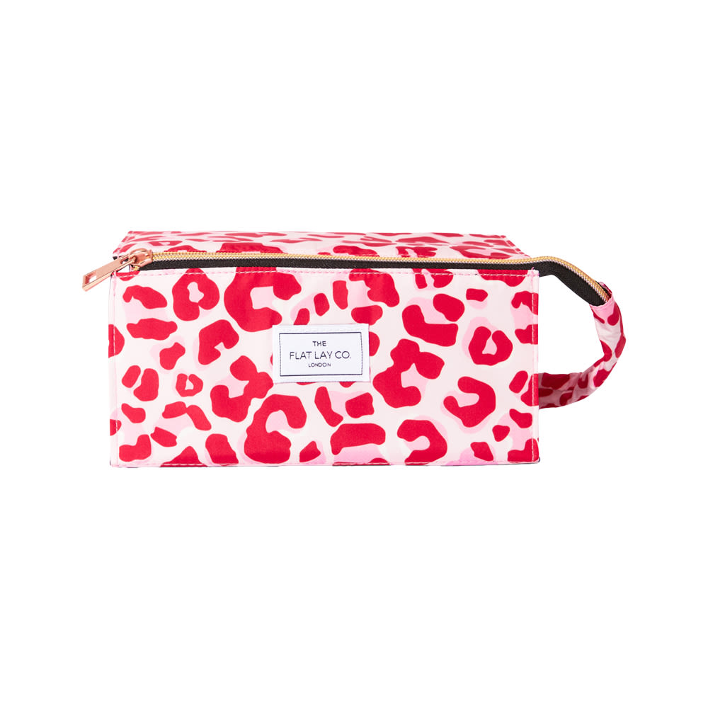 The Flat Lay Co. Open Flat Makeup Box Bag in Pink Leopard