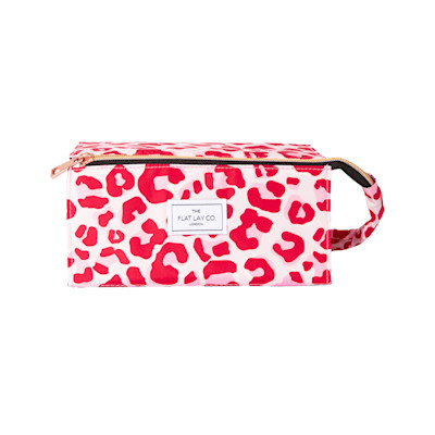 The Flat Lay Co. Open Flat Makeup Box Bag in Pink Leopard