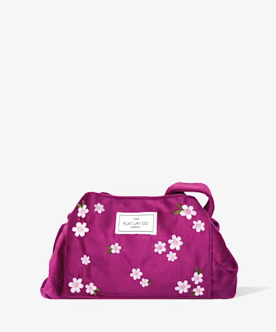 The Flat Lay Co. - Drawstring Makeup Bag in Embroidered Daisy Plum Velvet