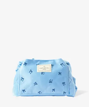 theflatlayco Drawstring Flat Lay Makeup Bag - Ditsy Bows Blue Embroidered Velvet