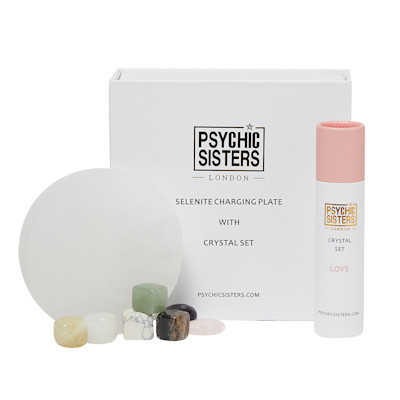 Psychic Sisters Selenite Charging Plate and Crystal Set