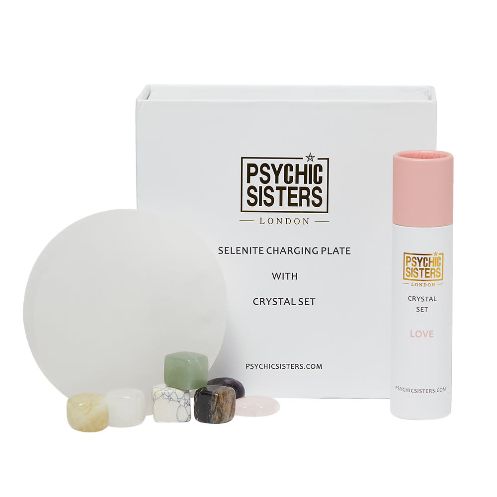 Psychic Sisters Selenite Charging Plate and Crystal Set